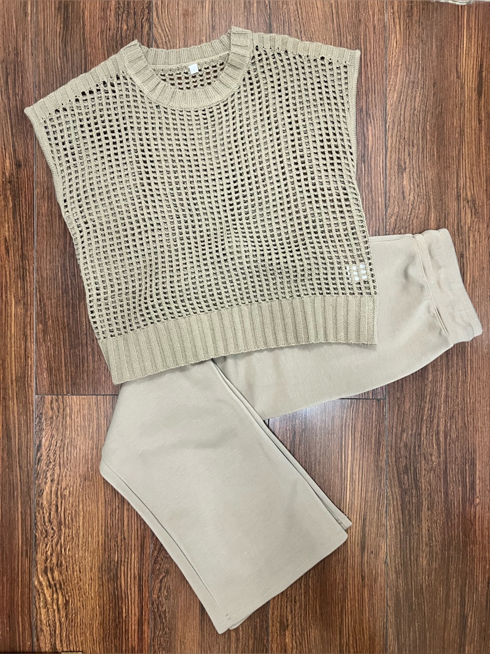 SHEIN Beige Knit Sleeveless Sweater Vest & Lounge Pants Set
